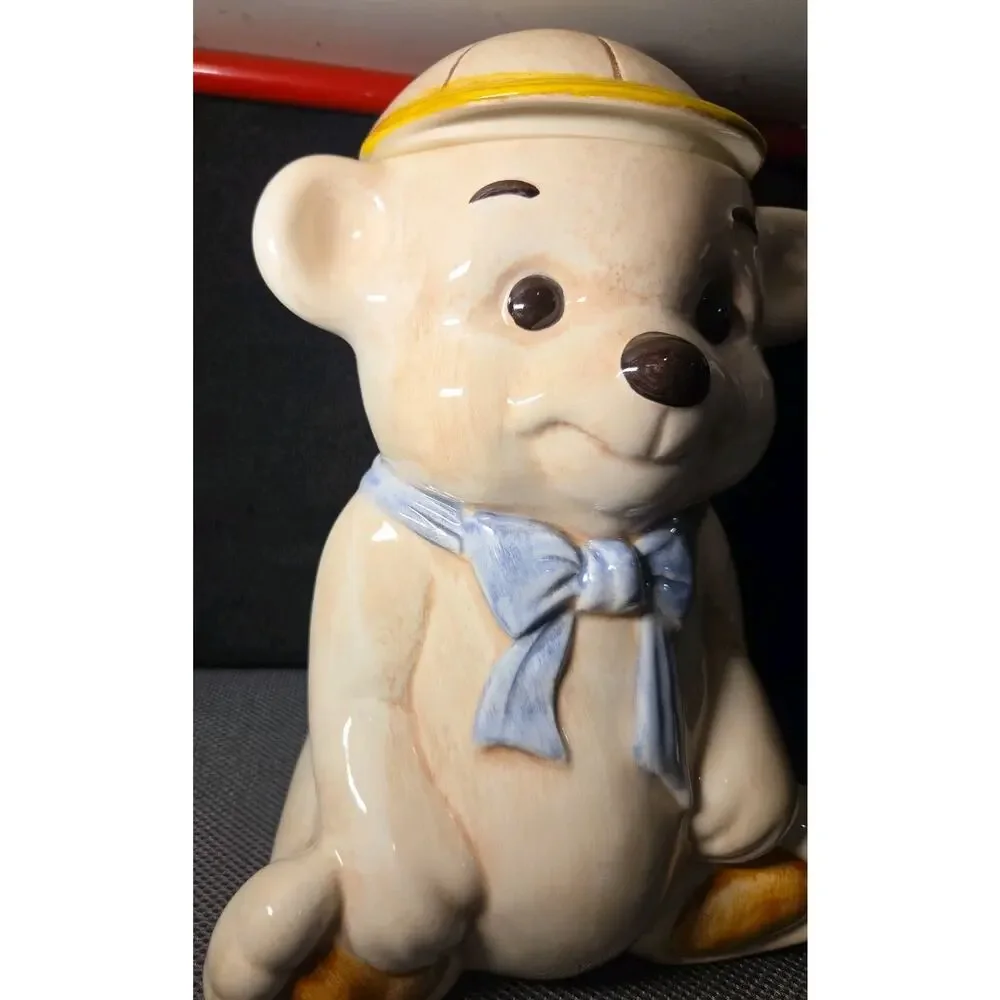 Vintage Treasure Craft Teddy Bear Cookie Jar Baseball Cap Blue Bowtie USA